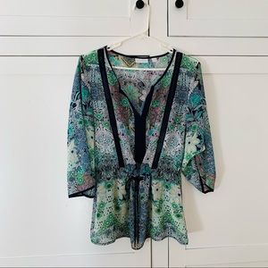 New York & Company Blue/ Green Floral Sheer Waist Cincher Top Size Small